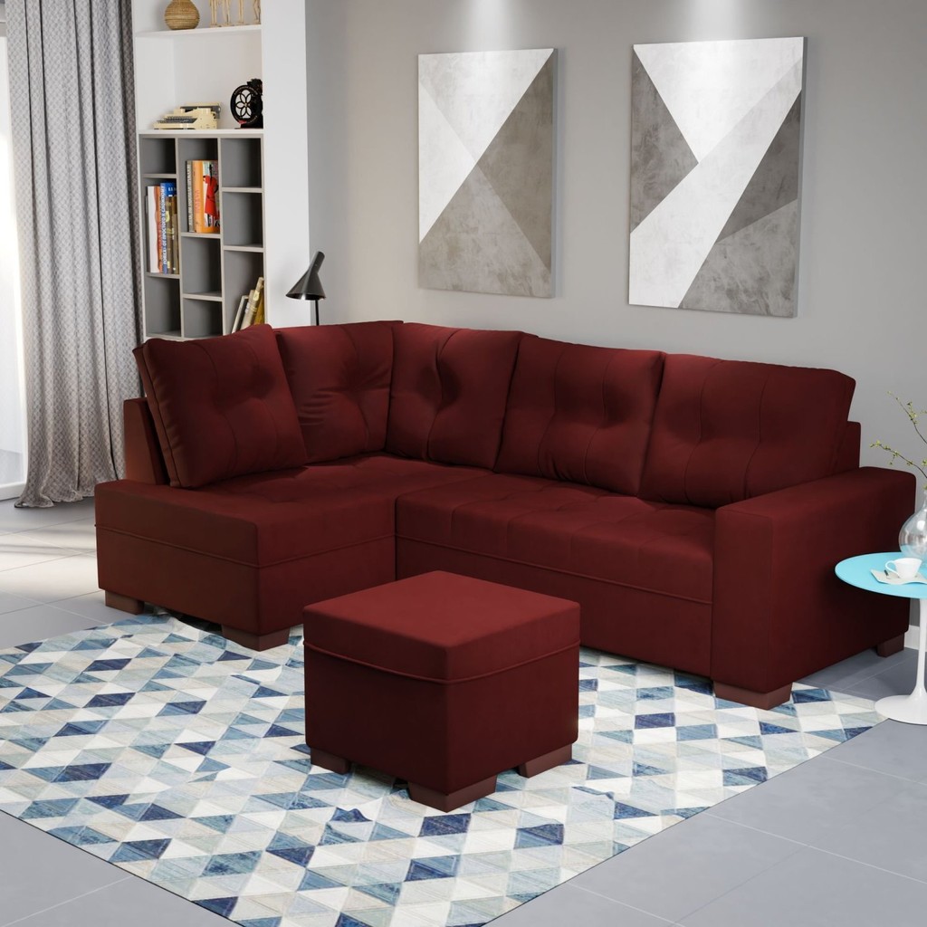 Sofá de Canto com Puff 7 Lugares 238cm Gávea Vermelho em Oferta na Shopee