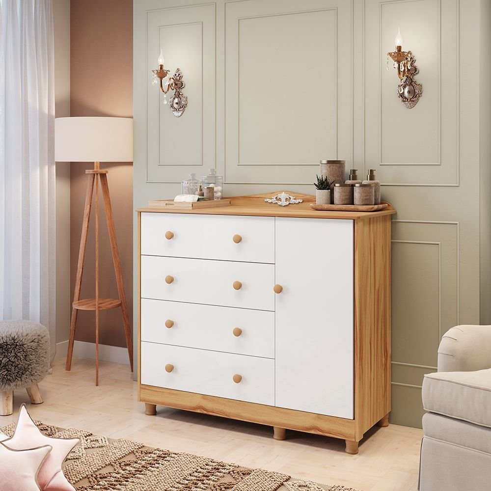 Cômoda de Bebê 120,30cm 1 Porta e 4 Gavetas 100% Mdf Maya Clássico Espresso Móveis Branco Brilho/Amêndoa em Oferta na Shopee