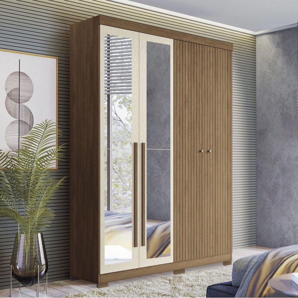 Guarda Roupa Solteiro Ripado 4 Portas 2 Gavetas Antony com Espelhos e Pés em Oferta na Shopee