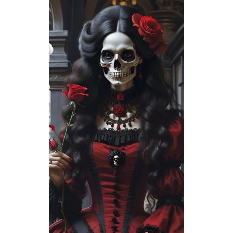 Quadro detativo Rosa Caveira segurando uma rosa vermelha umbanda e candomblé placa decorativa MDF