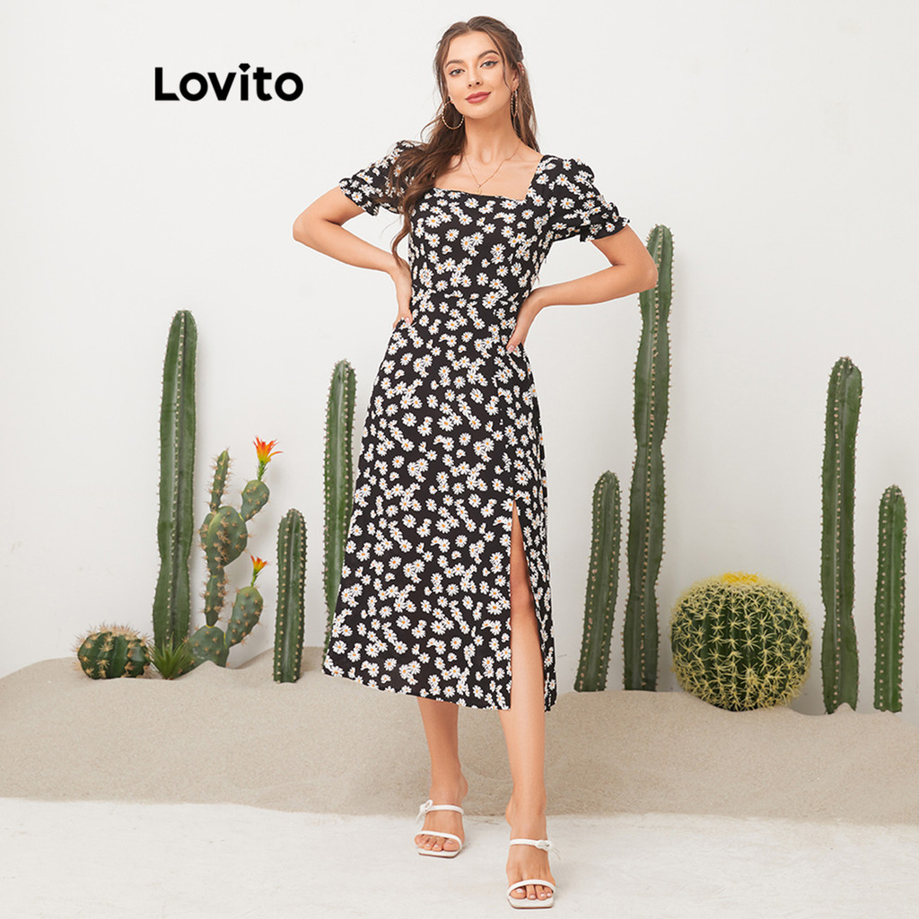 Detalhes do Lovito Vestido Casual Com Estampa Floral E Decote Quadrado Vestido Longo Para Mulheres L11D32 (Preto)