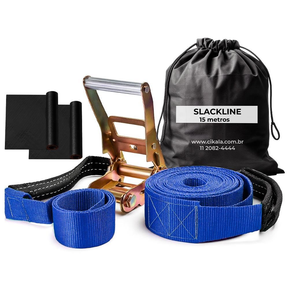 Slackline Azul 15 M Catraca + Alças + Protetores + Bolsa