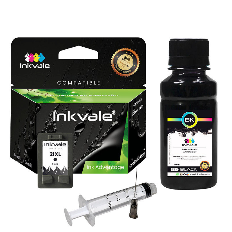 Cartucho Compatível Inkvale HP 21xl Preto + Kit Recarga 100ml Tinta 3910, 3920, 3930, 3940 D1311 Ink Tinta Cartucho