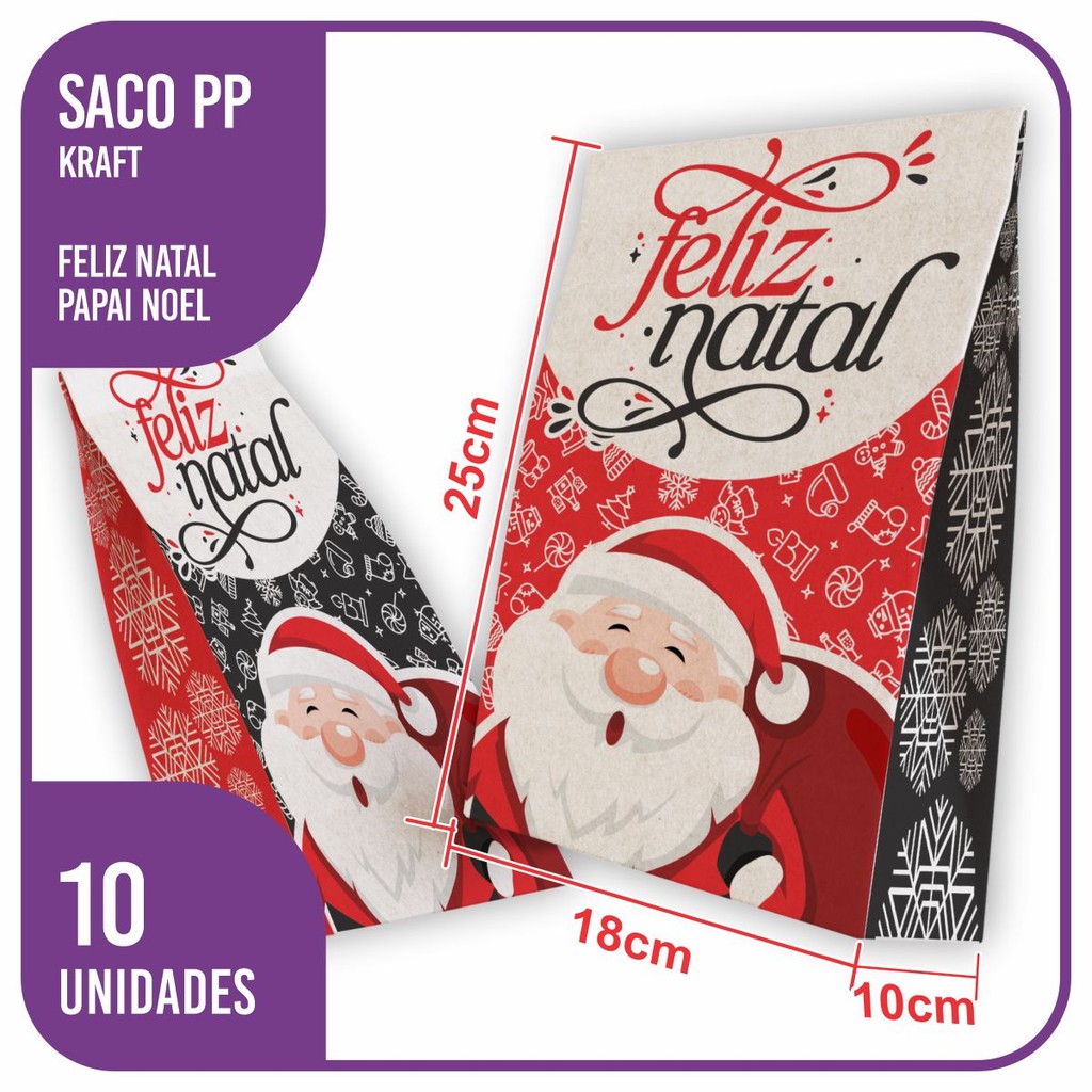 Saco Kraft Natal Papai Noel (02) 10 Unidades - 18x10x25 PP