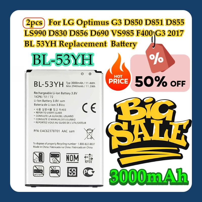 2 Peças Para LG Optimus G3 D850 D851 D855 LS990 D830 D856 D690 VS985 F400 G3 2017 BL 53YH-53YH 3000mAh Bateria De Substi