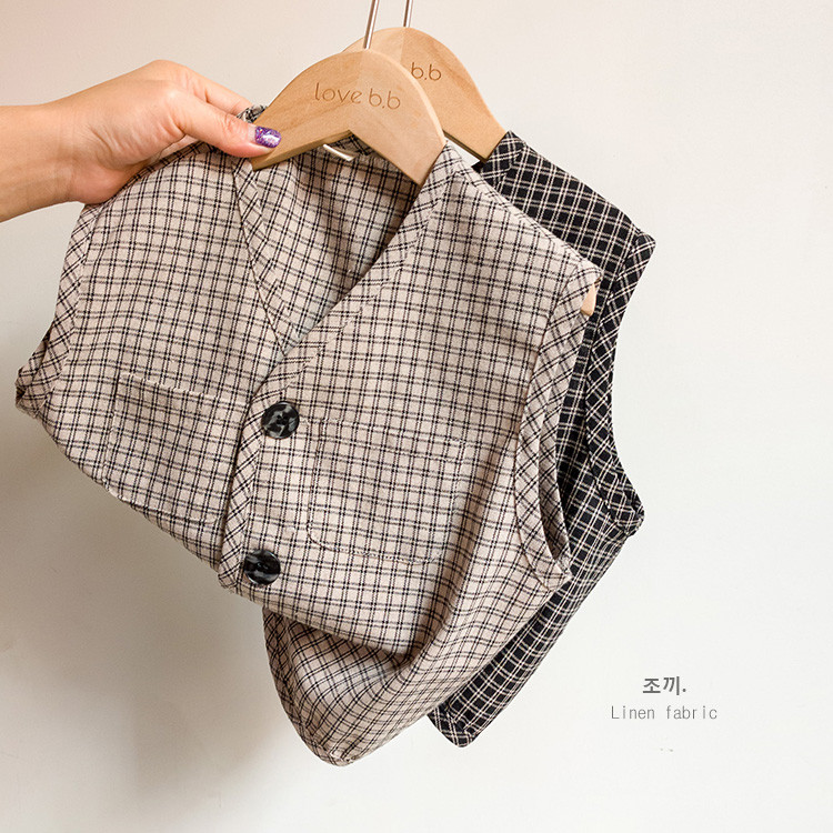 Mori linho xadrez colete crianças primavera verão colete fino masculino feminino bebê solto colete moda Retro All-Match