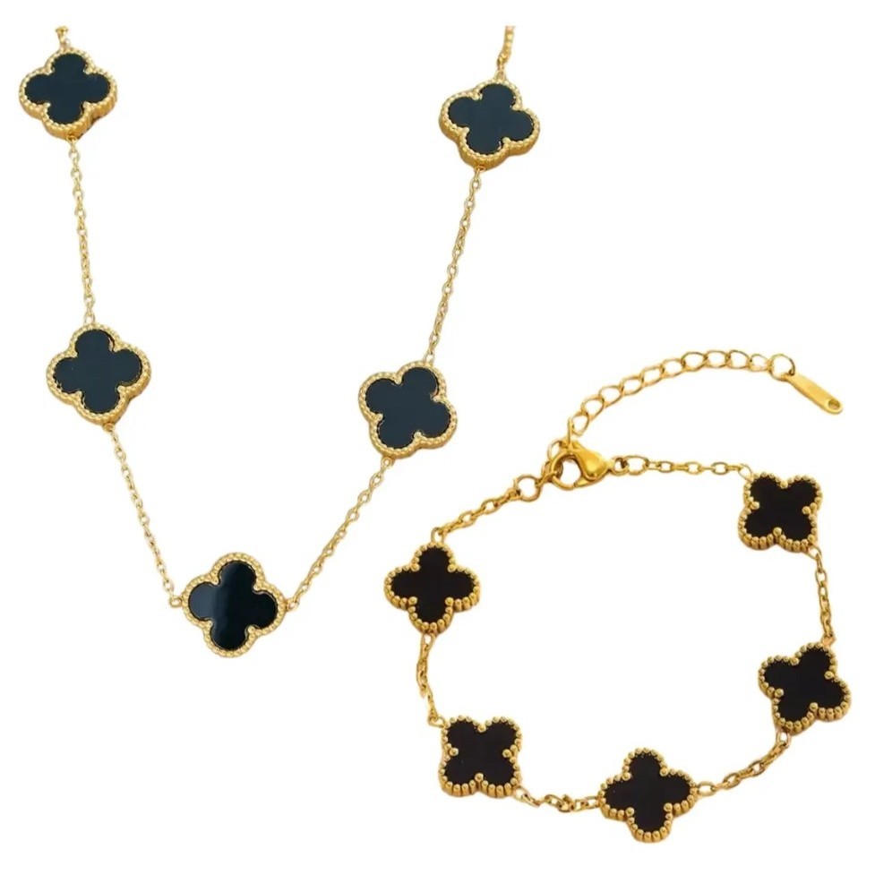 KIT CONJUNTO COLAR E PULSEIRA TREVO DA SORTE PRETO MASCULINO Feminino Aço