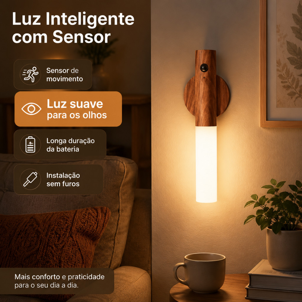 Luminaria Led Recarregavel Sensor de Movimento Arandela Madeira Minimalista Magnetica Mesa Parede Para Arandela Magne