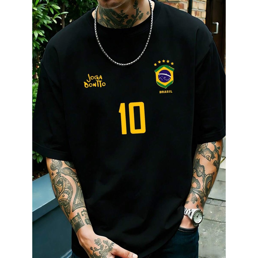 Camiseta Masculina, Camisa de Futebol Retrô do Brasil - 10, Camisa de Futebol Casual, Tecido de Malha Respirável