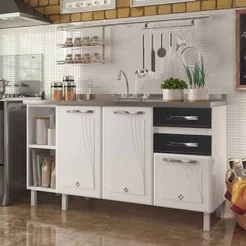 Balcão de Cozinha de Aço Star New 150cm p/Pia Branco/com Preto Branco/Preto