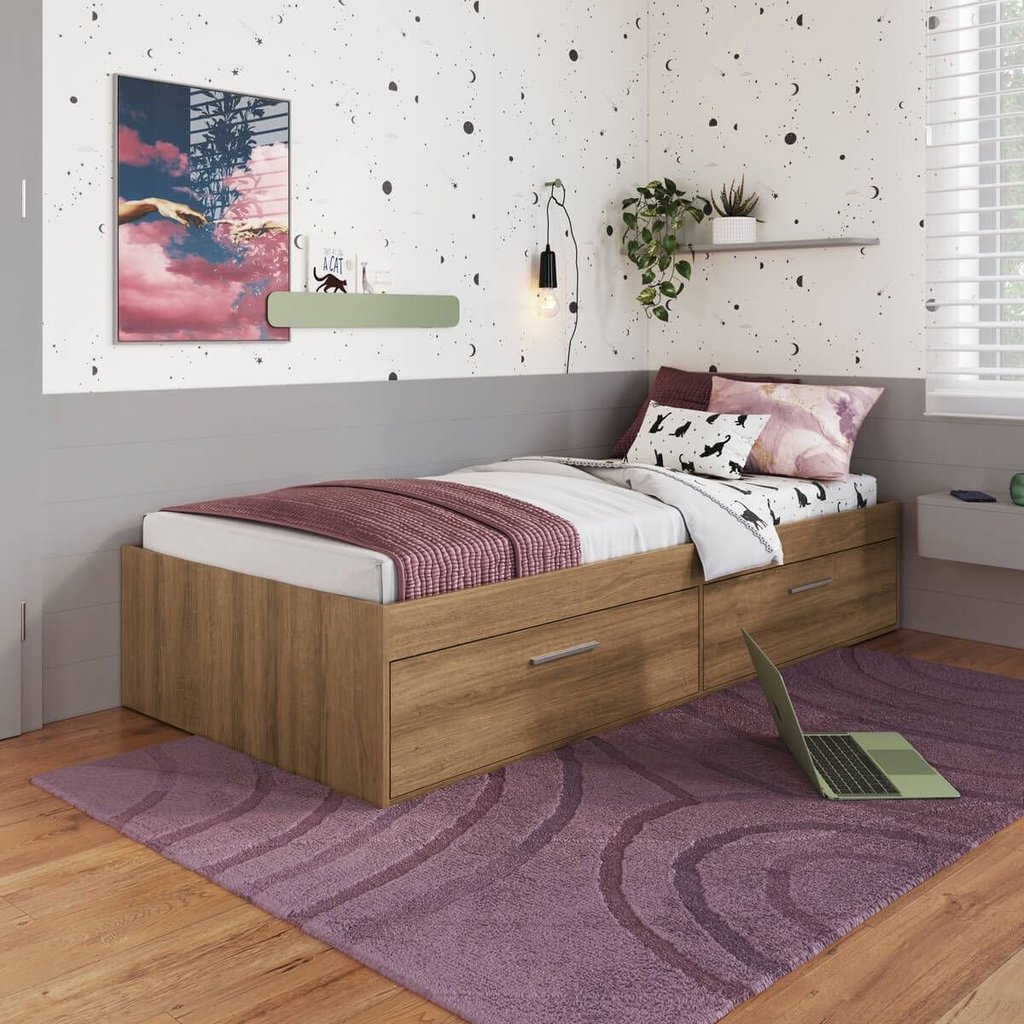 Cama Solteiro Baú Juvenil com 2 Portas Basculantes 80 Tókio Marrom/Mel Mel