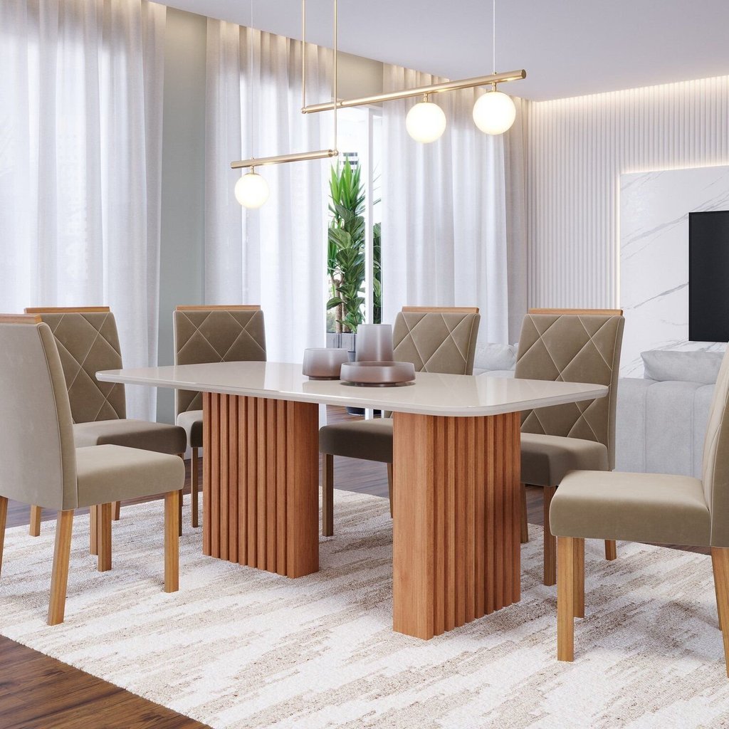 Conjunto Sala de Jantar 6 lugares Retangular Tampo de Vidro/MDF Ester Cadeiras Fernanda Wood