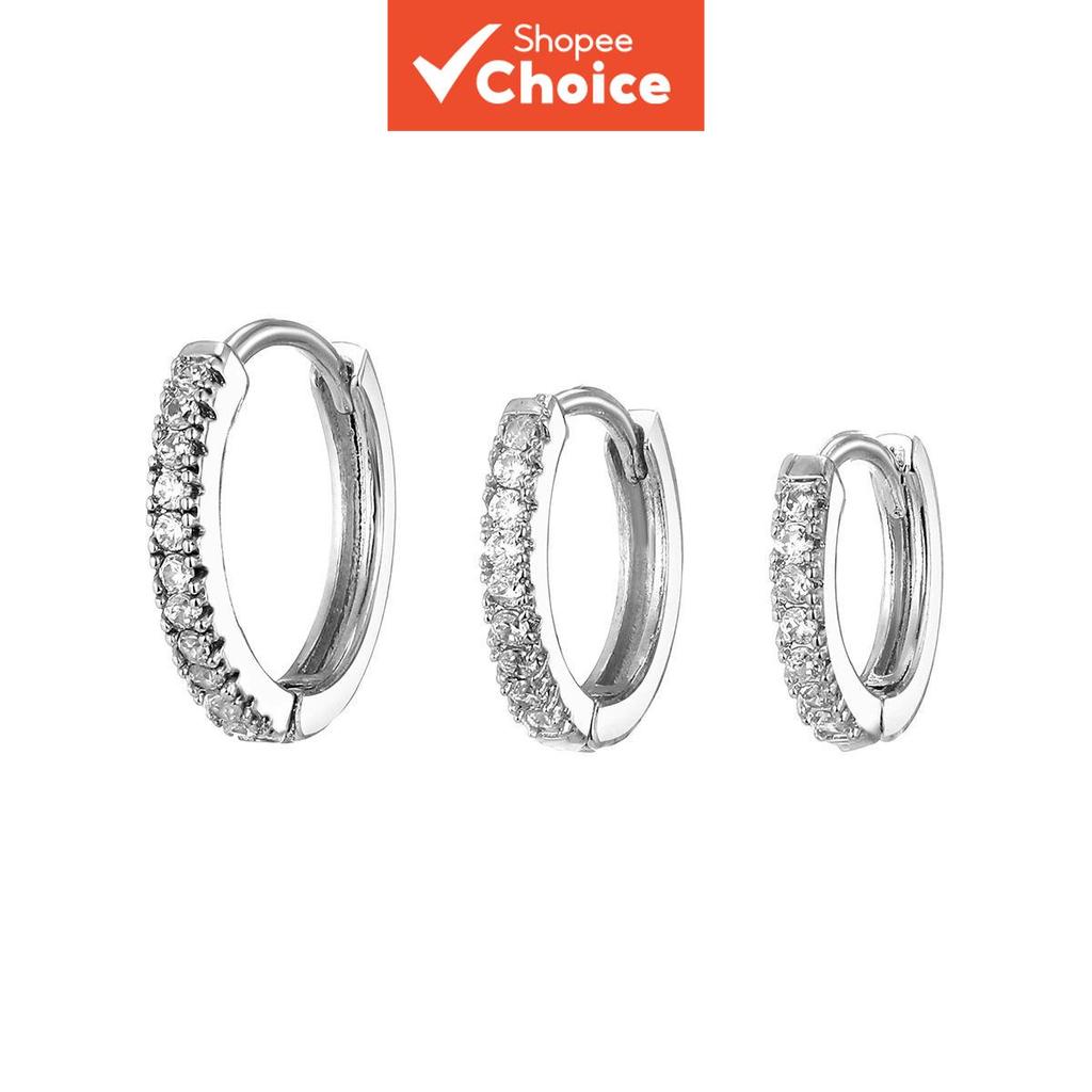Conjunto de Brincos Argola Zircon 3 Pares Tamanho Variável, Prata Antialérgica Banhada a Prata, Mini Fivela de Cristal