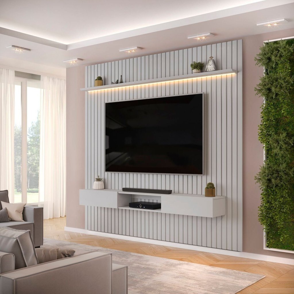 Painel Ripado para TV até 75 Polegadas com LED MDF 250cmx240cm Trento Cinza Bali Bali