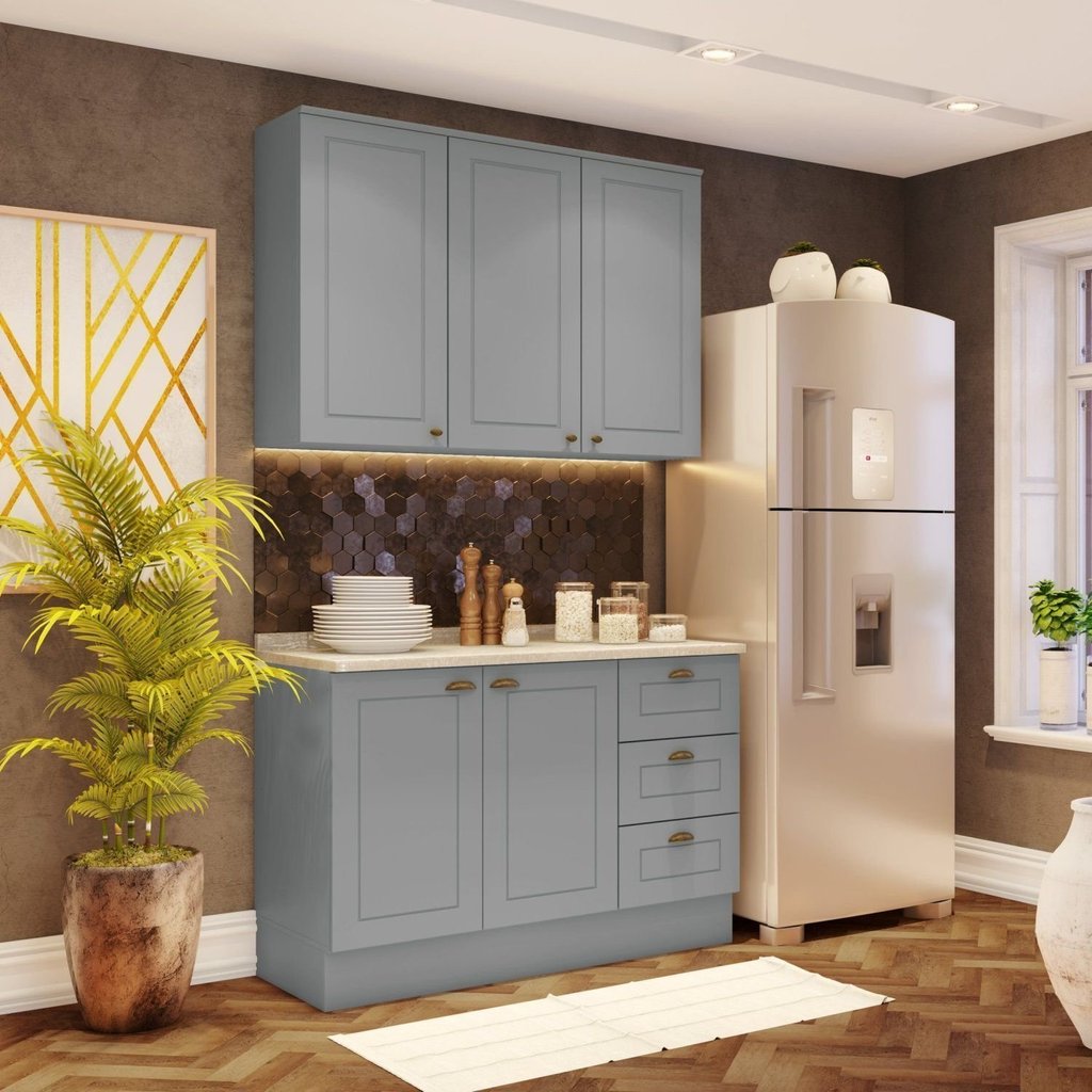 Cozinha Compacta Modulada 2 Peças 5 Portas 3 Gavetas Emily Cinza/Calcare Cinza/Calcare