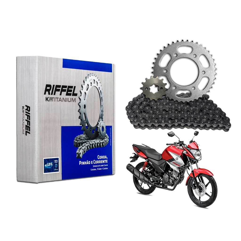 Kit Relação Transmissão Completo Yamaha Fazer 150/ Ybr Factor 150 aço 1045 Riffel + Tensor de Corrente Vcj