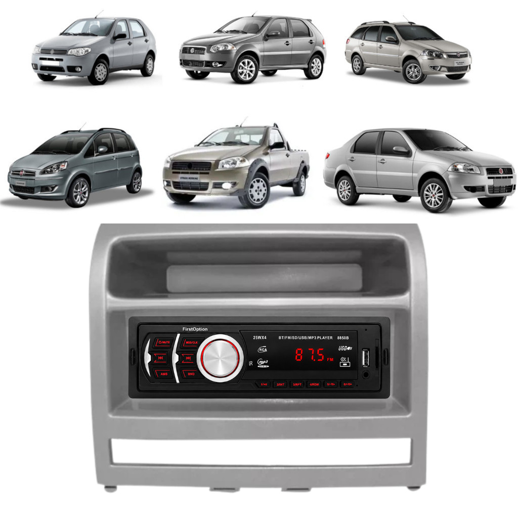 Moldura 1 DIN Rádio Som Fiat Palio Siena Strada Ideia MP3 USB, bluetooth e leitor de cartão SD