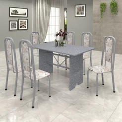 Conjunto de Mesa 140x75cm Tampo Granito com 6 Cadeiras Lavínea Cinza/Martelado Pérola/Ocre/Botanic Bege Martelado