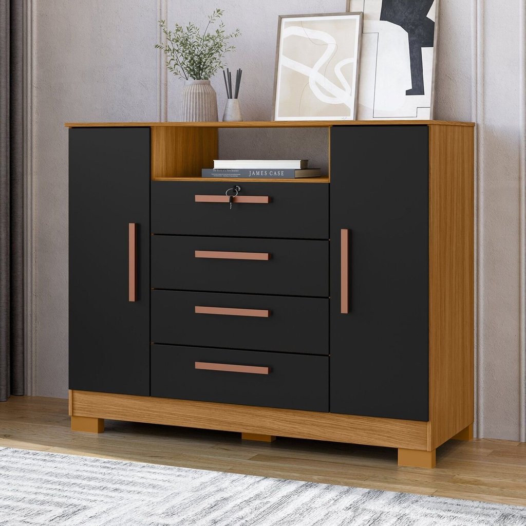 Cômoda para Quarto 2 Portas e 4 Gavetas com Chave 120,5cm com Pés Floripa Carvalho Americano/Preto