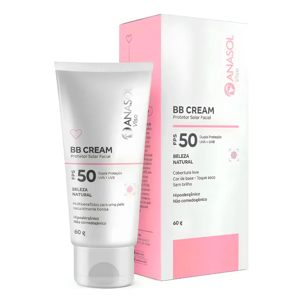 Protetor Solar Com Cor FPS 50 Anasol BB Cream Facial Toque Seco Matte 60g Base Protetora Antioleosidade