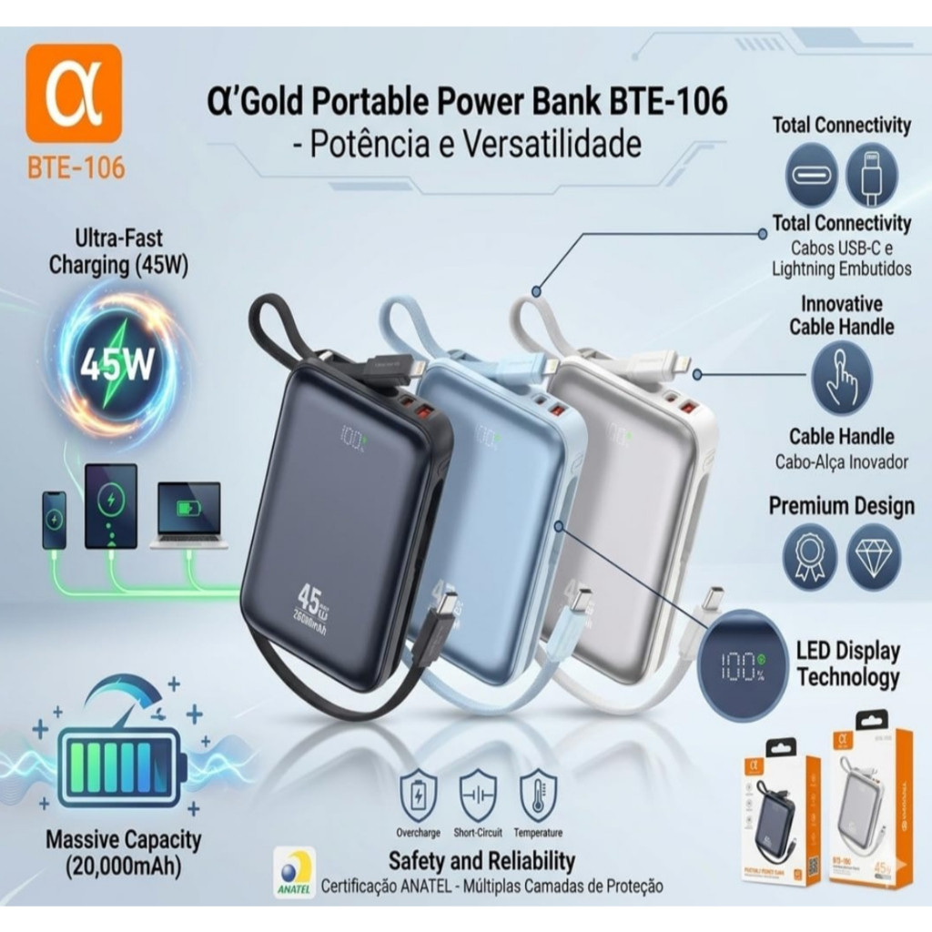 Power Bank 20.000mAh 45W Turbo - Carregador Portátil com Cabos Embutidos Tipo-C e Lightning A'Gold BTE-106