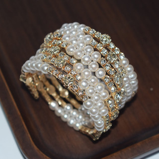 Pérola strass enrolamento aberto pulseira simples três cinco camadas diamante pulseira feminina luz luxo nicho francês 1