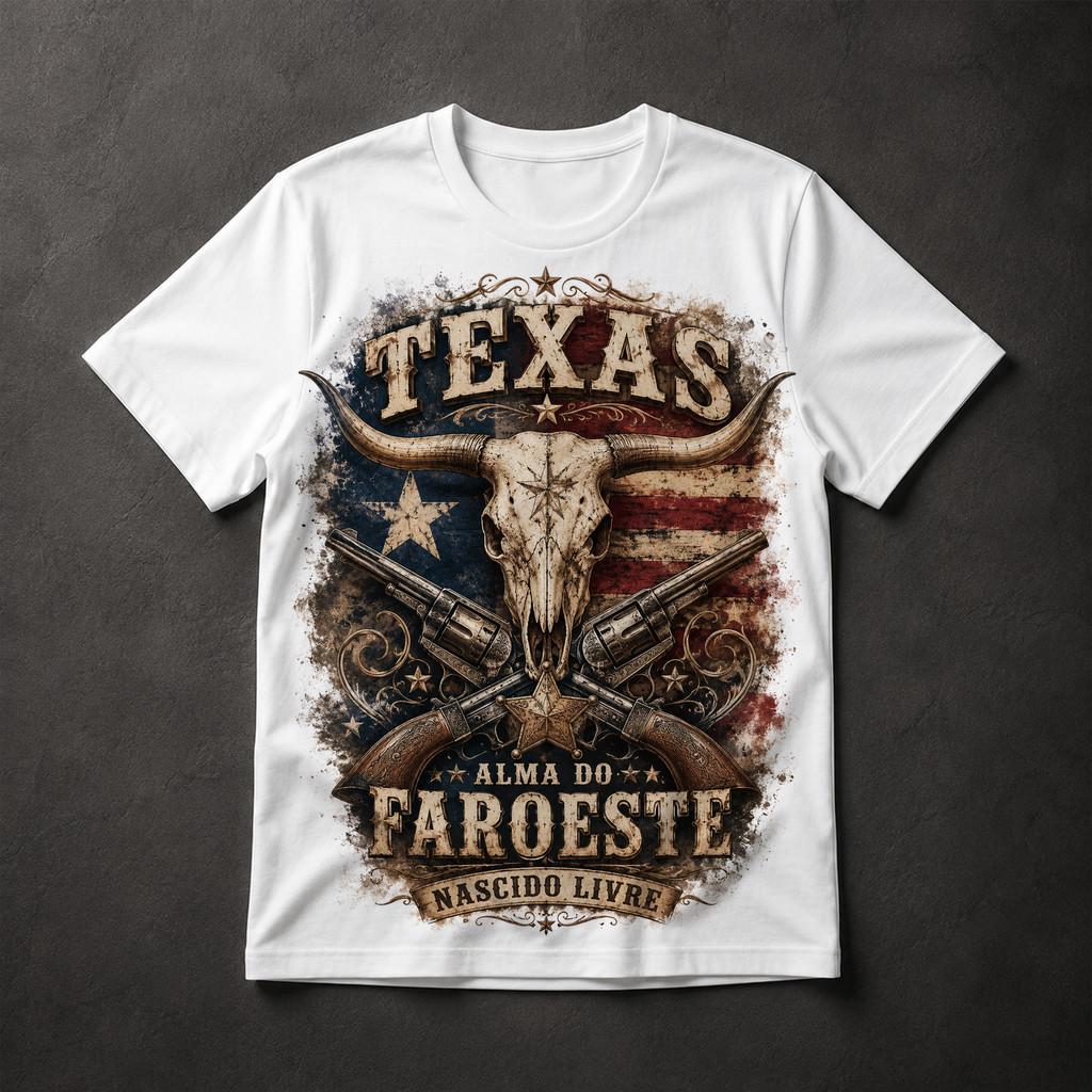 Camiseta Texas Alma do Faroeste Nascido Livre Country Rodeio Masculina Estampa Vintage