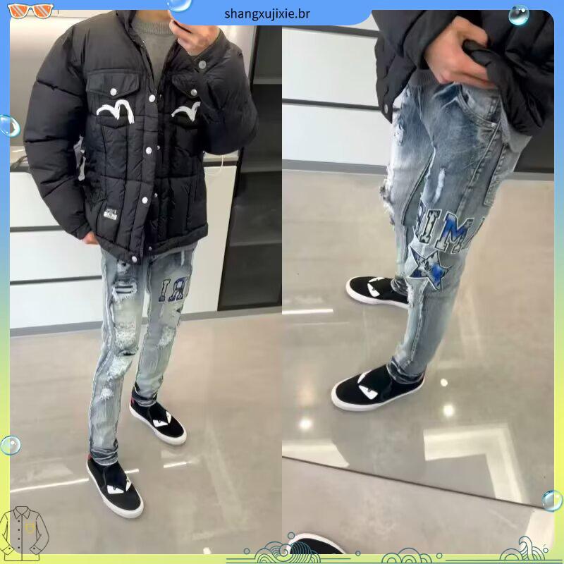 Guangzhou Patch Trendy Jeans Masculino All-Match Rasgado Rosa Patch Calças Slim-fit Reta Casual Calças Compridas