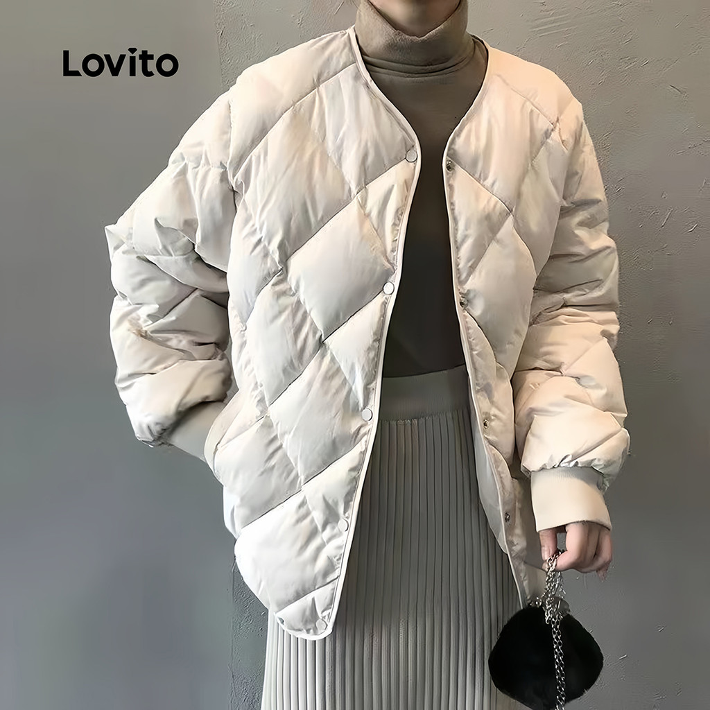(New Arrival) Lovito  Casaco Casual Botão Bolso Inverno/outono Casaco Damasco para Mulheres LNL147102
