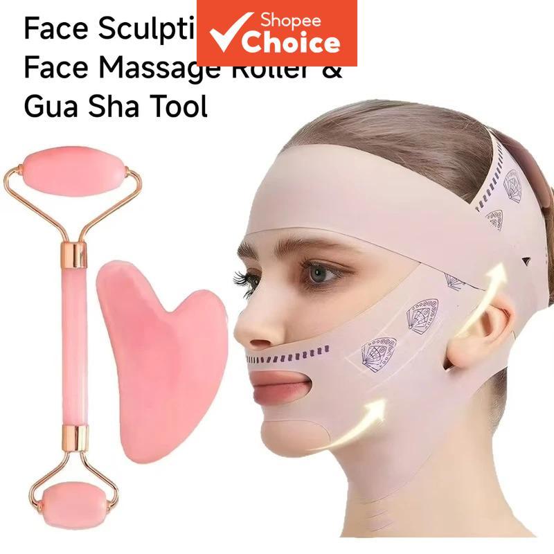 Máscara de Escultura Facial 3 Peças, Rolo de Massagem Facial e Ferramenta Gua Sha, Bandagem Facial Ajustável em V