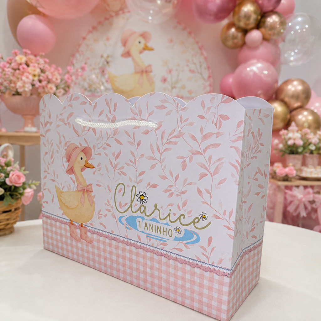 Sacolinha Grande Patinho Aquarela Ganso Rosa Personalizada Festa Aniversário Infantil Lembrancinha