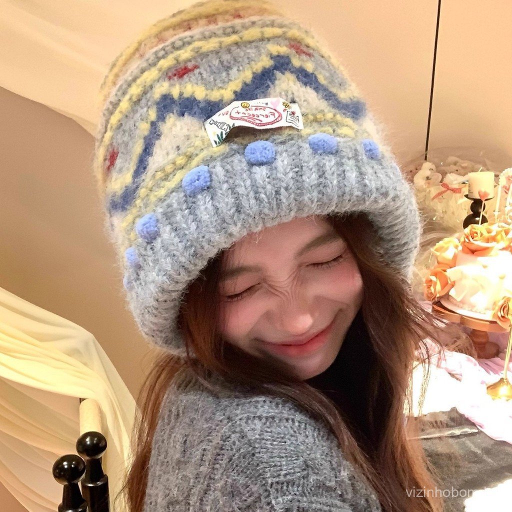Gorro de Lã Vintage com Padrão Fair Isle para Mulheres, Balaclava Quente para Outono e Inverno, Gorro com Proteção para