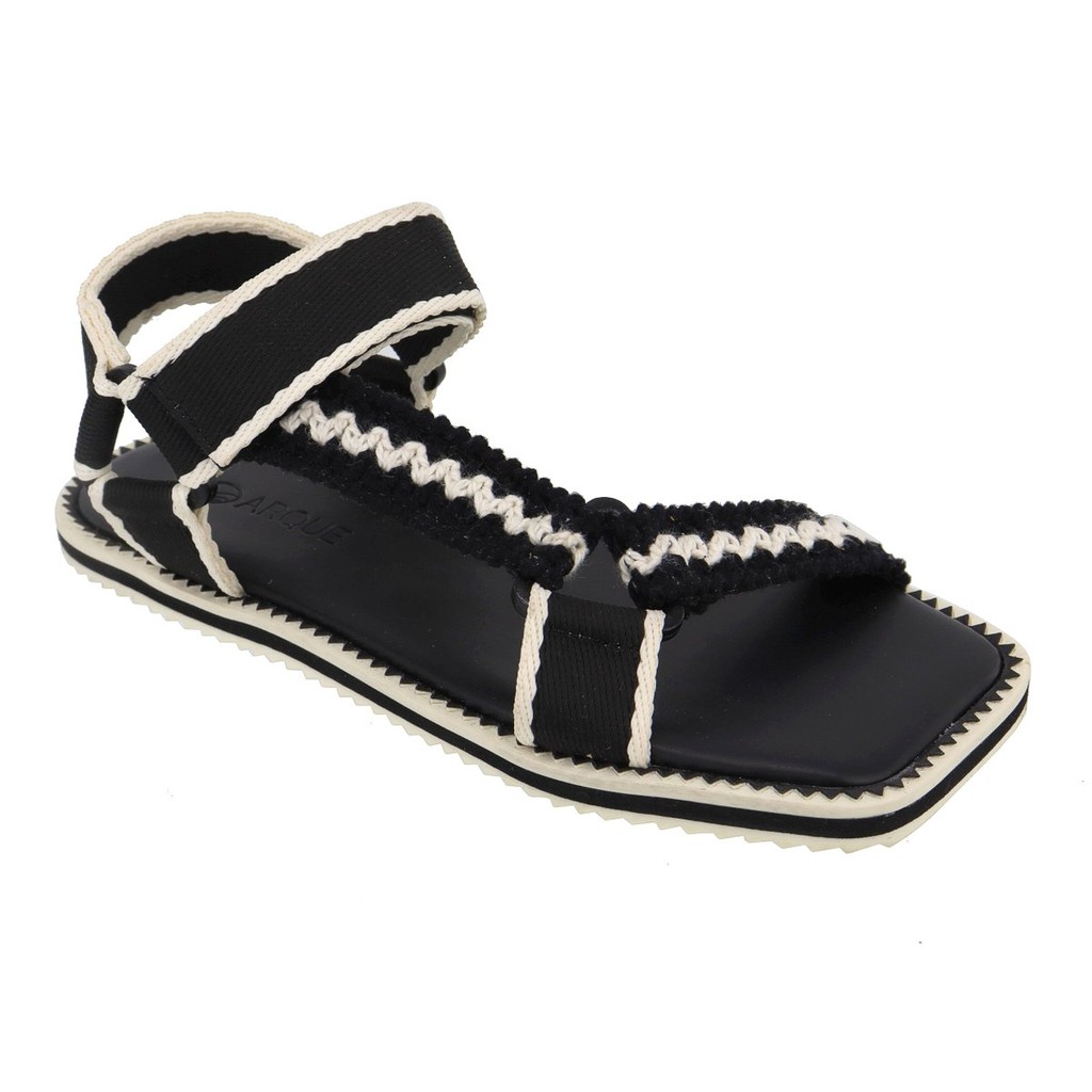 Sandália Feminina Papete Rasteira Esportiva Artesanal  Crochê e Gorgorão Leve e Delicada Preto & Off White