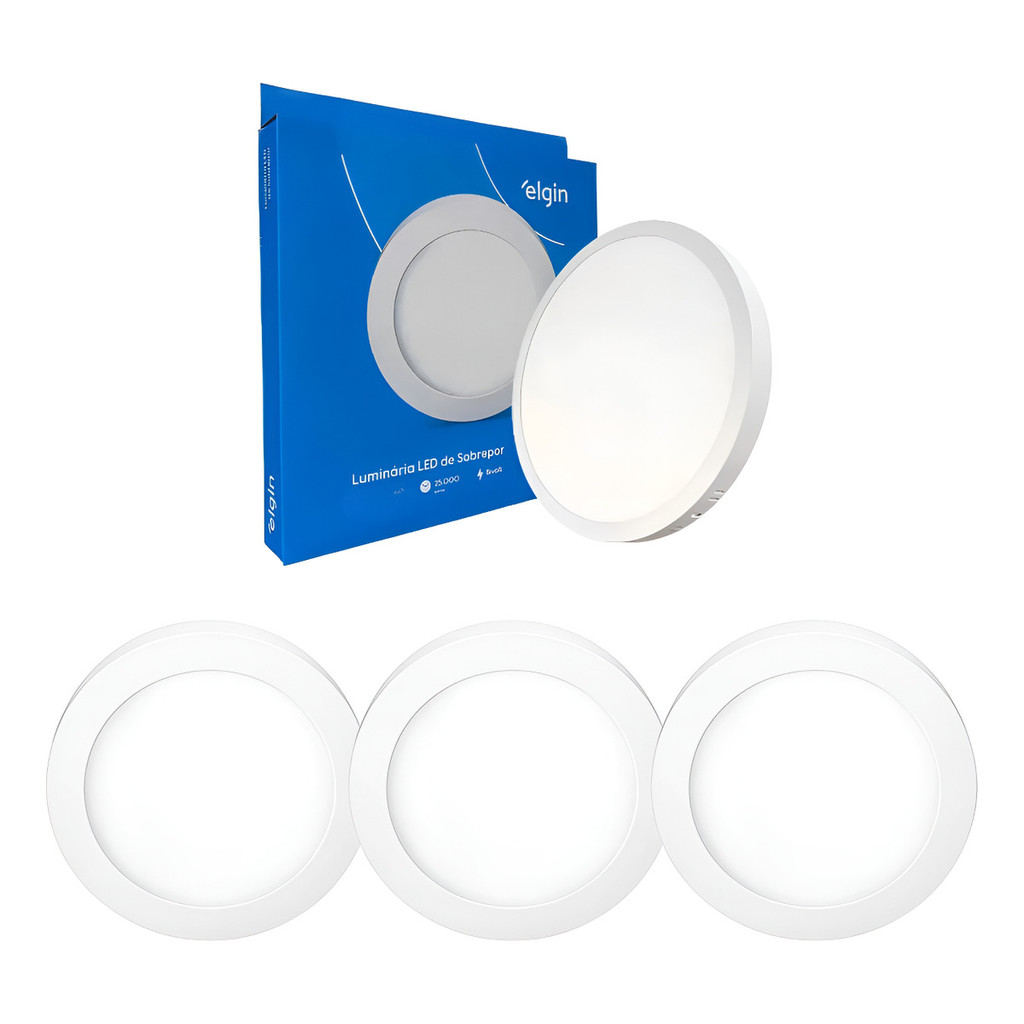 Kit 03 Painéis 18W Luminária Plafon LED Redondo Sobrepor Luz Neutra 4000K 110/220V Bivolt Branca