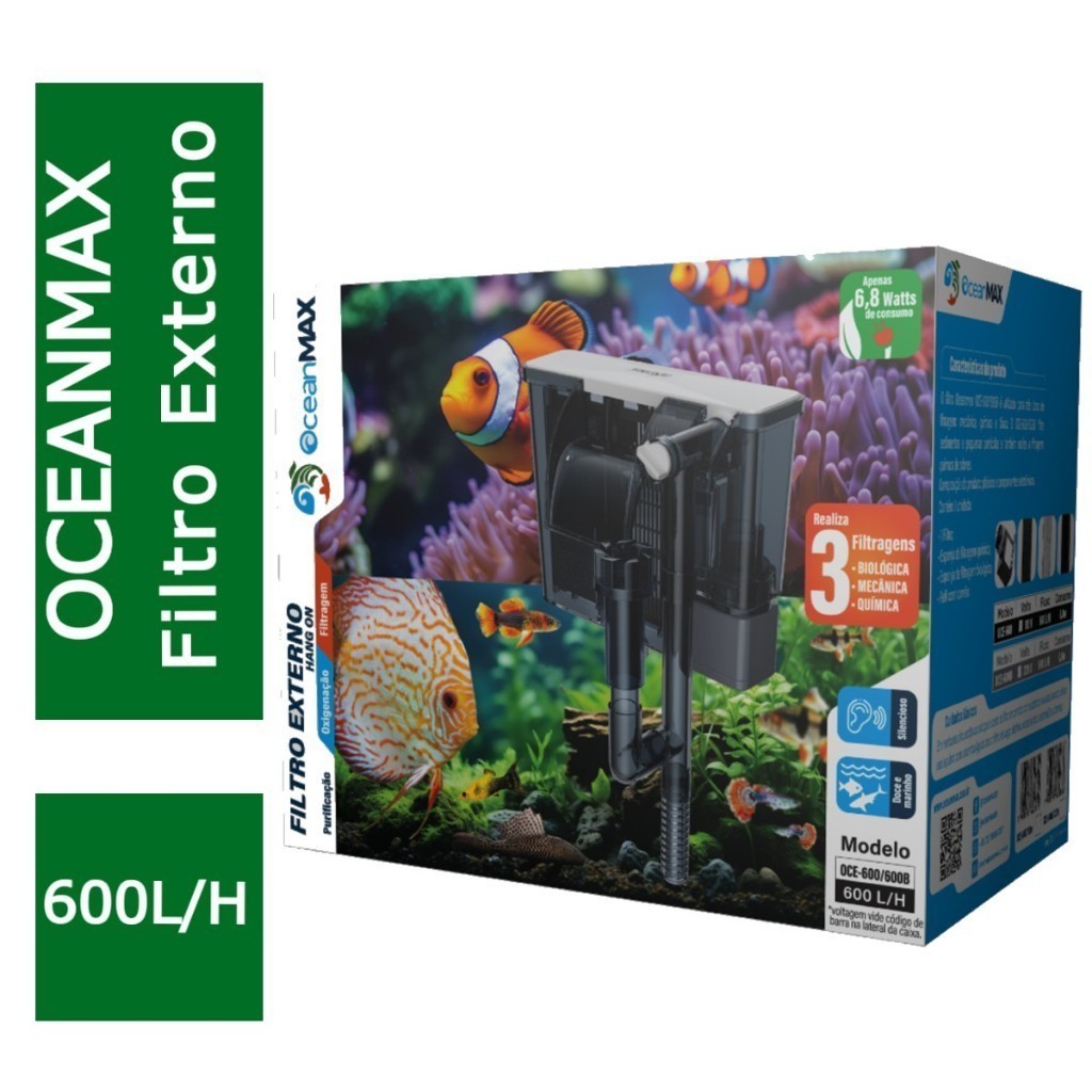 Filtro Externo Para Aquários OceanMax - 600l/h Aquários de até 120L  - Aquário Água doce e Salgado.