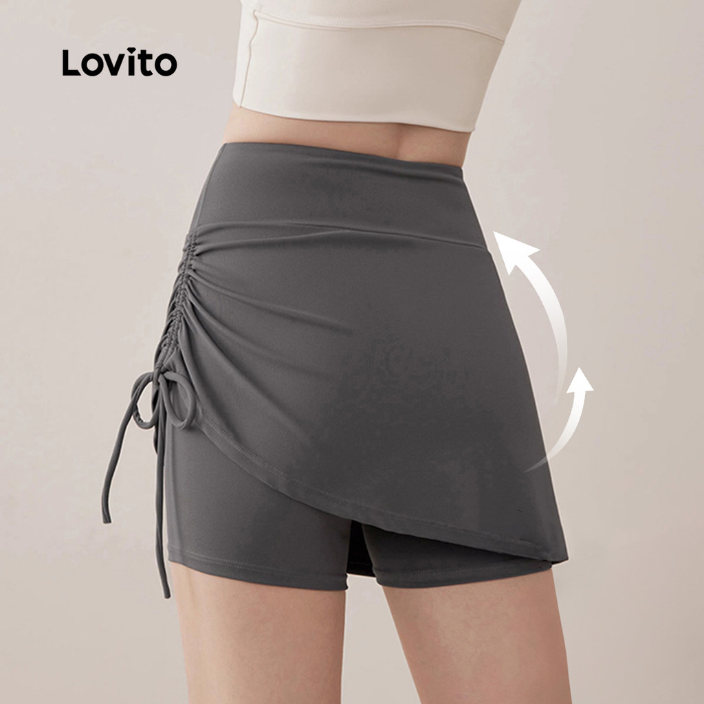 Detalhes do Lovito Shorts Esportivos 2 em 1 Saia+Calça frunces controle de barriga Corrida Yoga Pickleball Tênis Mulheres LNA109037