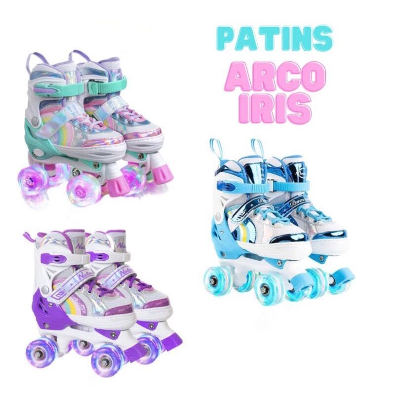 Patins Infantil Feminino 4 Rodas Freio Luz Led