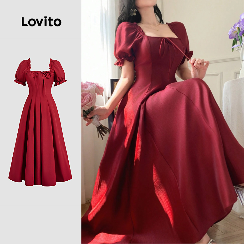 (NEW) Lovito Vestido Preppy de Renda com Zíper e Fecho de Coroação Primavera/verão Vermelho para Mulheres L154ED1013 em Oferta na Shopee