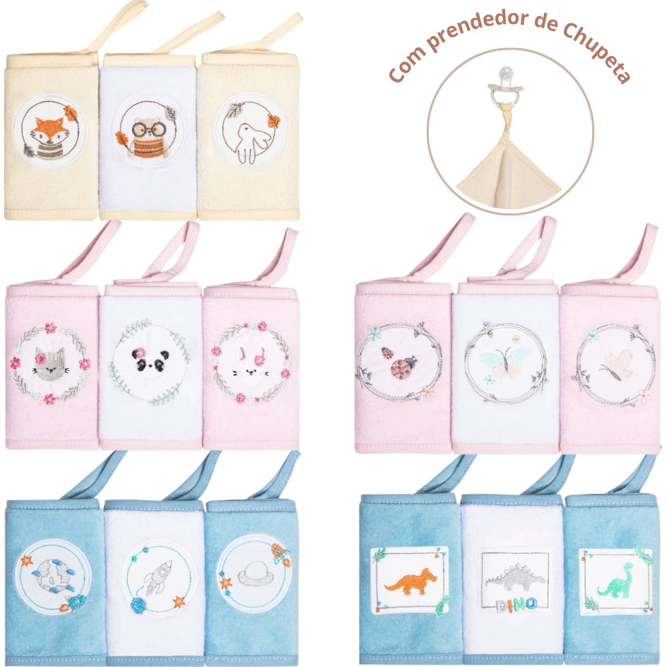 Paninho de Boca Atoalhado bordado Karinho com prendedor de chupeta menina menino kit 3 babete fraldinha
