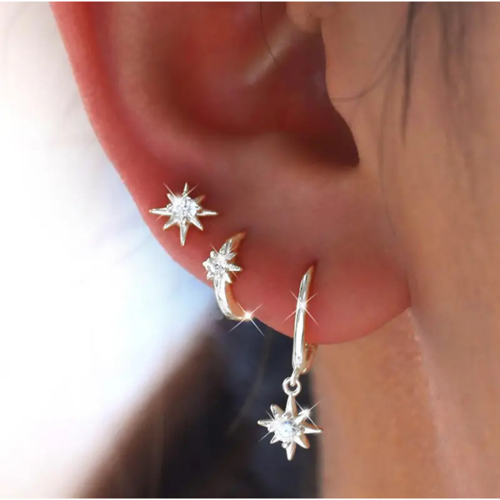 KIT 3 PARES Prata 925 de Brincos Lua e estrela 8 pontas Cravejada Zircônia com Garantia Banhada em Ouro 18k em Oferta na Shopee