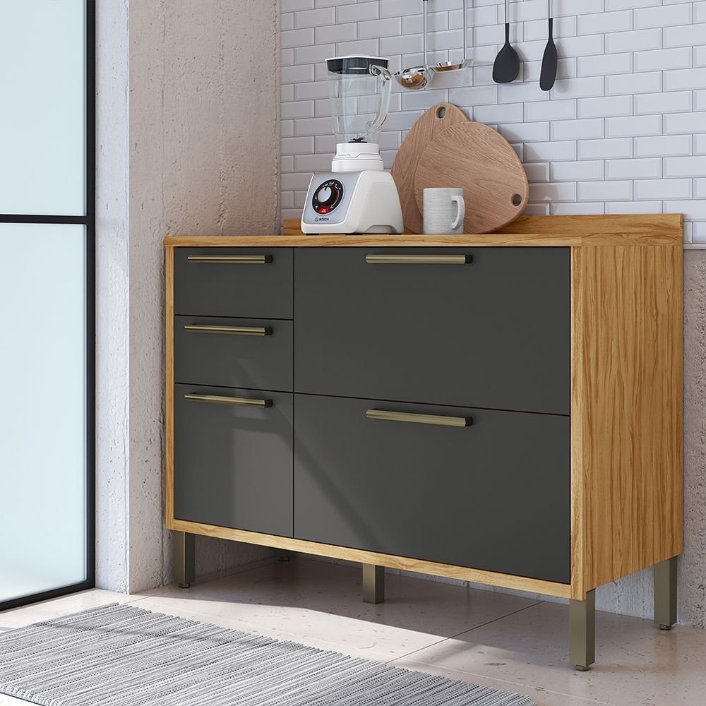 Balcão de Cozinha 120cm com 2 Portas Basculantes 3 Gavetas e Tampo 100% Mdf Vicenza Espresso Móveis Amêndoa/Chumbo em Oferta na Shopee