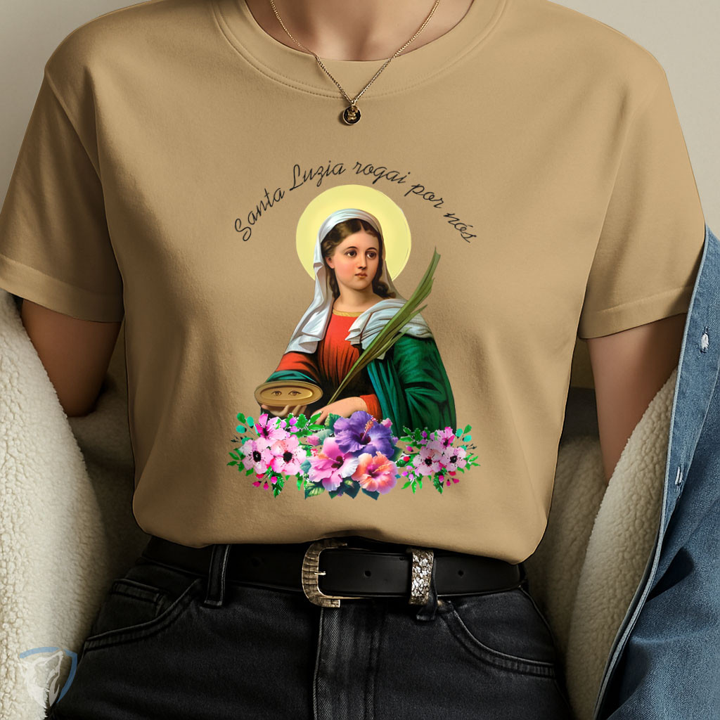Camiseta Feminina Santa Luzia | Fé, Esperança e Milagres | Moda Cristã Inspiradora