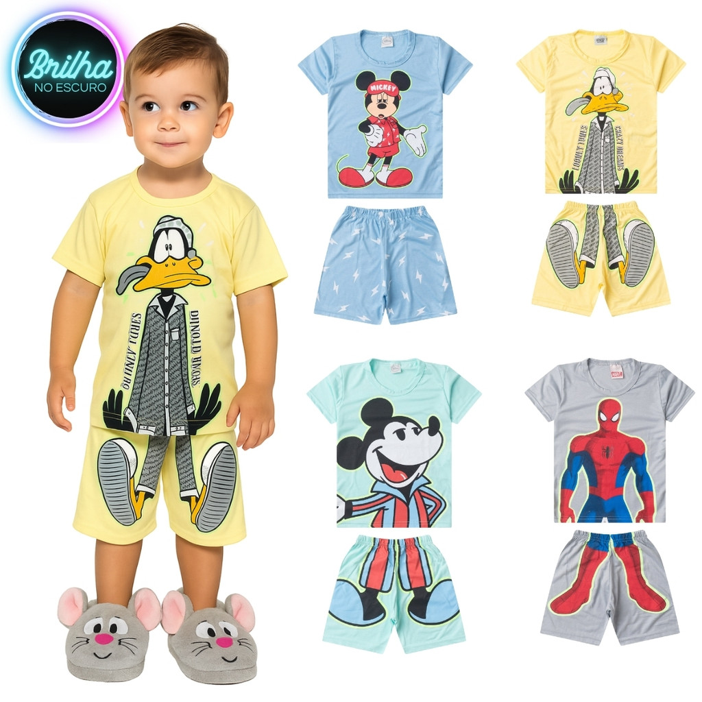 Conjunto Pijama Brilha no Escuro Personagens Menino Infantil Mickey Homem Aranha Malha Levinha