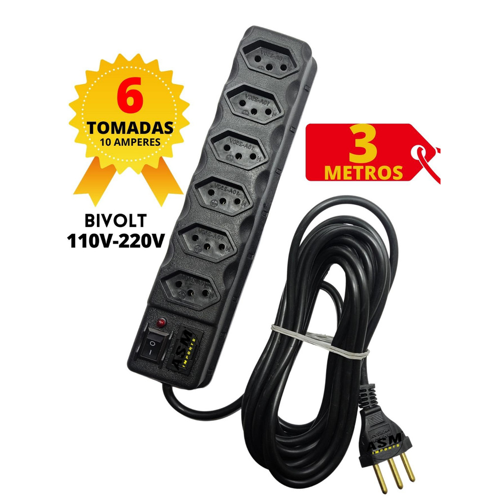 Filtro de Linha Régua 6,  5, 4 e 3 Tomadas + 3 Metros de fio Fusível 110v-220v VOLTINO em Oferta na Shopee