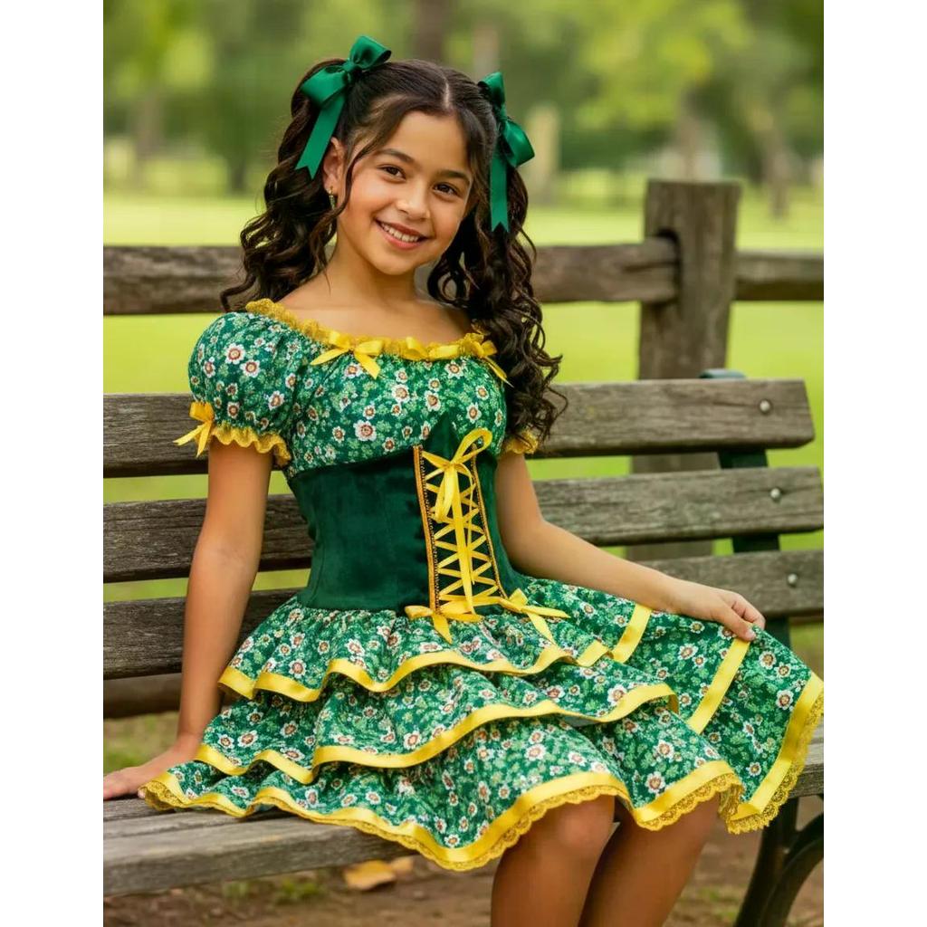 Vestido Infantil e Juvenil de Festa Junina Luxo Super Rodado Com Corselet e Babados Caipira 2 a 16 anos