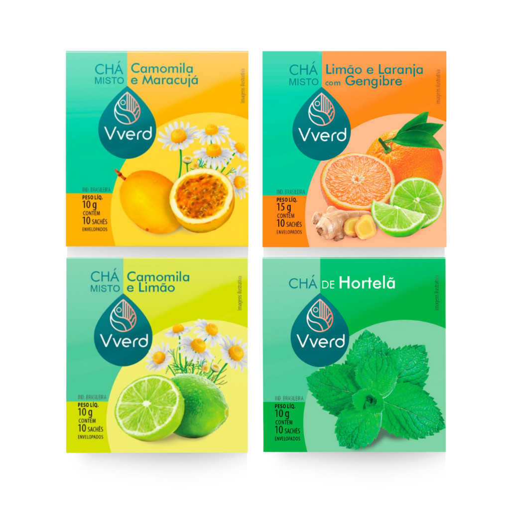Kit 4 Chás: Hortelã, Camomila e Limão, Camomila e Maracujá e Laranja Limão e Gengibre- Vverd