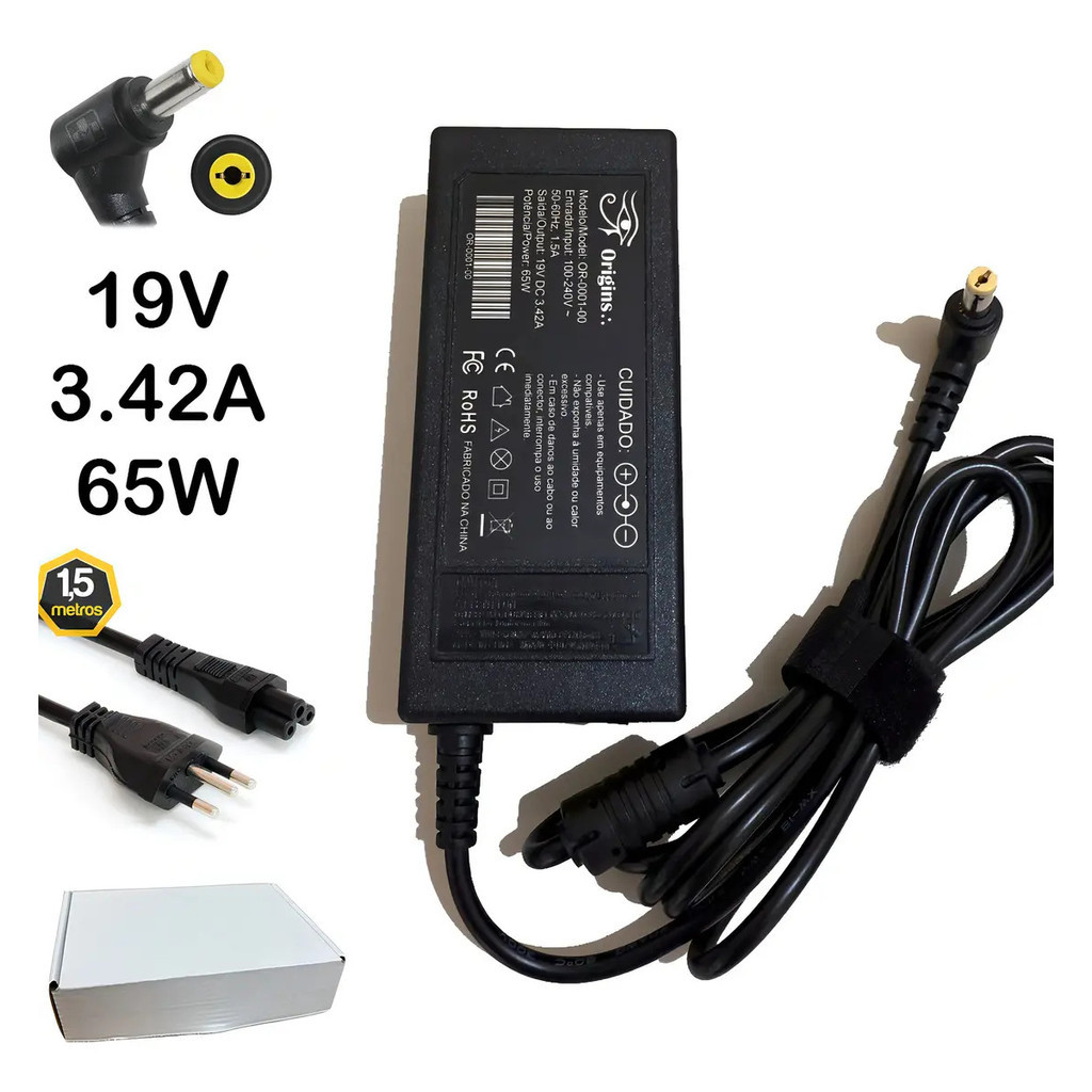 Carregador Notebook Acer 19v 3.42a 65w Aspire E1 V3 V5 Ultrabook M5 Preto