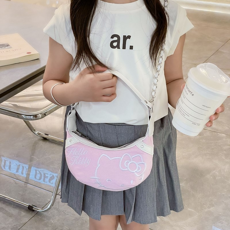 Bolsa de Ombro em Jeans Hello Kitty, Bolsa de Ombro Estilosa Y2K com Design Elegante, Leve e Casual, Autorizada pela San