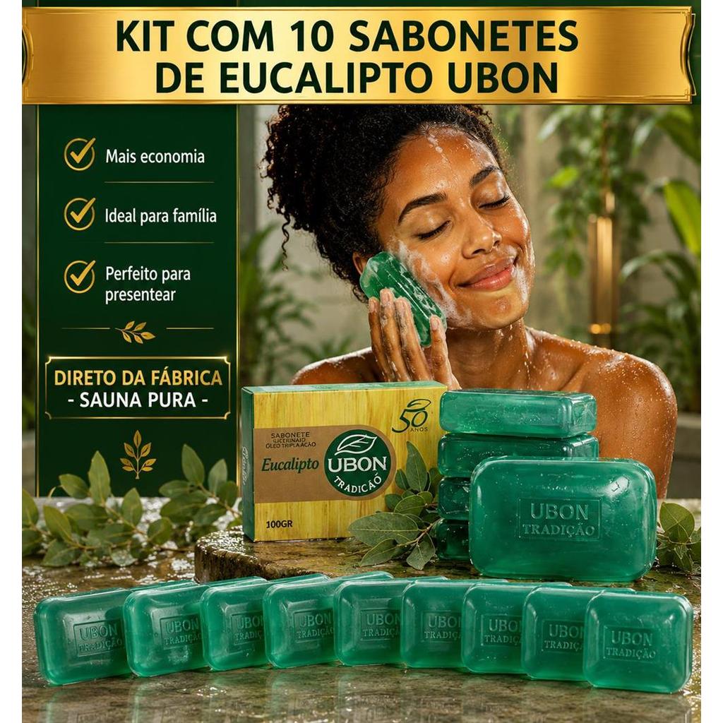 10 Sabonetes Natural  Glicerinado Eucalipto Sauna em Barra  com emolientes e emectantes Ubon  100g
