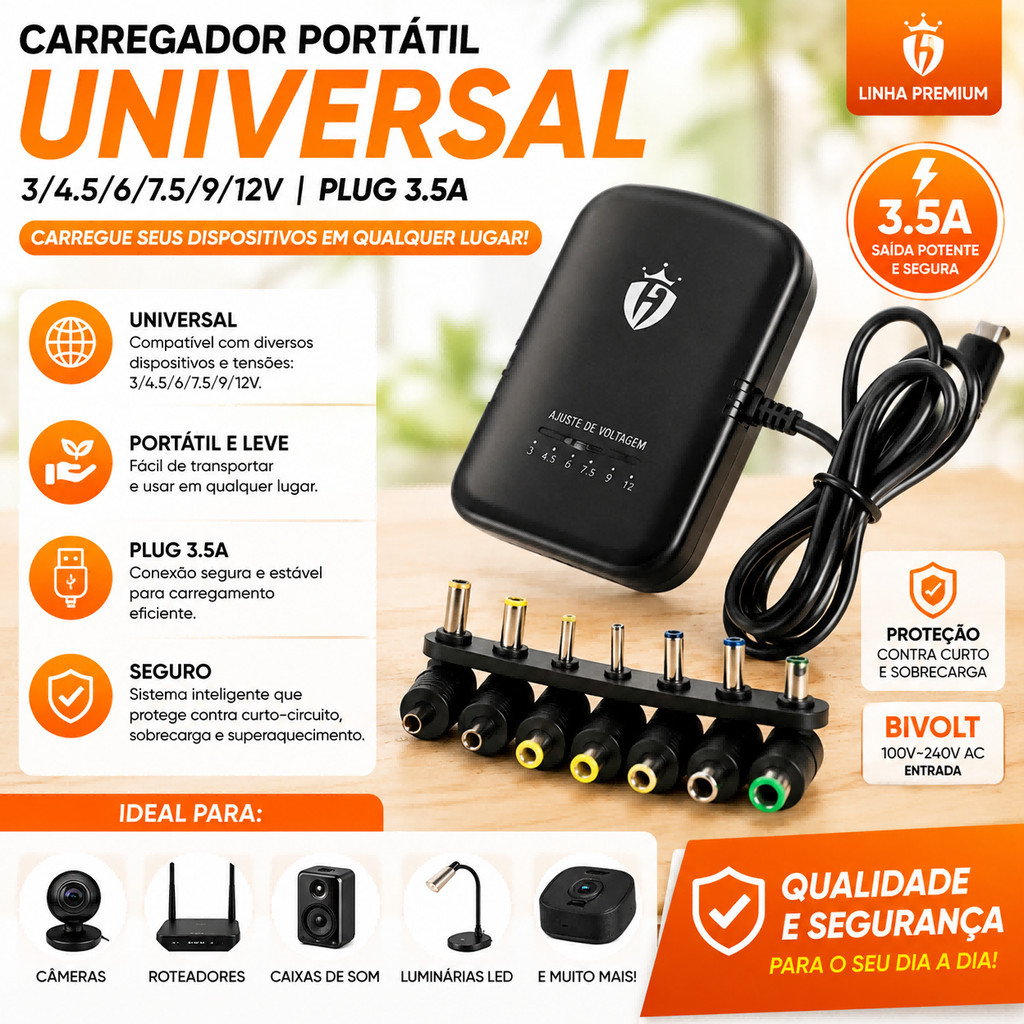 Fonte Carregador Universal 7 pinos Plug Bivolt 110-220v até 3.5A